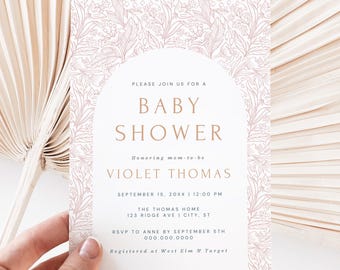 Pink Floral Toile Baby Shower Invitation, Chinoiserie (Editable Template, Digital Download)