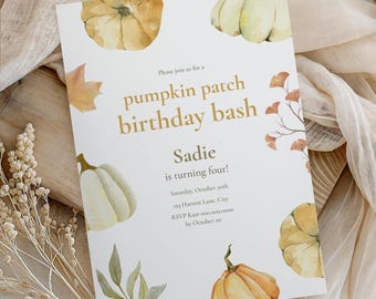 Pumpkin Patch Birthday Bash Invitation, Fall Kids Party, Girls Autumn Celebration, Watercolor Pumpkins (Editable Template, Digital Download)
