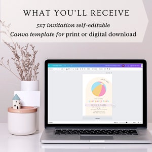 May include: A Canva template for a pool party invitation. The invitation is 5x7 inches and features a colorful beach ball graphic. The text on the invitation reads "Join us for a pool party bash" and includes the names "Olivia & Hazel".