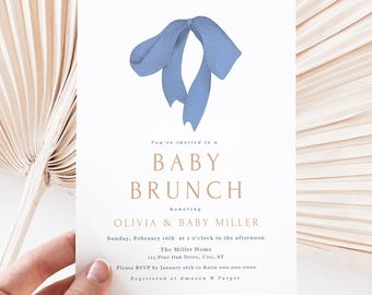Vintage Baby Sprinkle Invitation: Blue Bow Brunch Invite (Digital Download, 5x7 PDF Template) A20