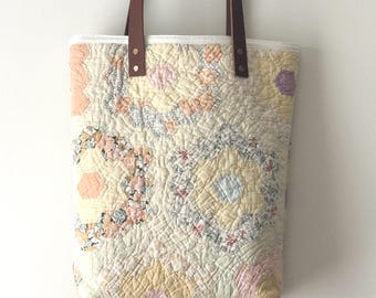 Vintage Quilted Tote Bag: Amish Leather Straps, Handmade Shopping Purse