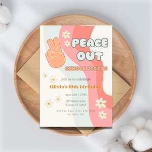 Groovy 10th Birthday Invitation: Peace Sign, Daisies (Digital Download)