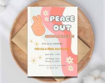Groovy 10th Birthday Invitation: Peace Sign, Daisies (Digital Download)