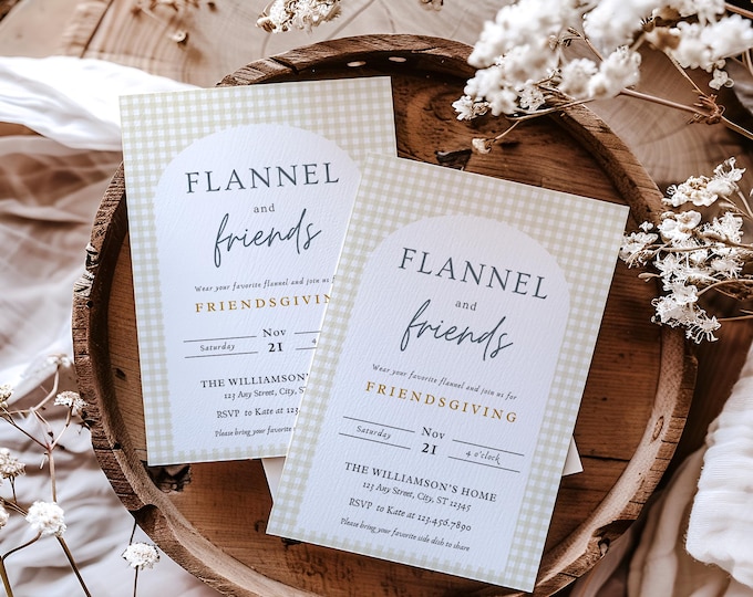 Featured listing image: Flannel Friendsgiving Invitation: Rustic Fall Dinner Party (Printable Canva Template)