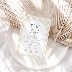 Nesting Party Invitation Template: Gingham Baby Shower, Neutral Colors (DIY Canva PDF Printable)
