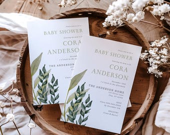 Baby Shower Invite Greenery Template | Christmas Winter Foliage | Botanical Watercolor | Sprinkle Invitation | Instant Download