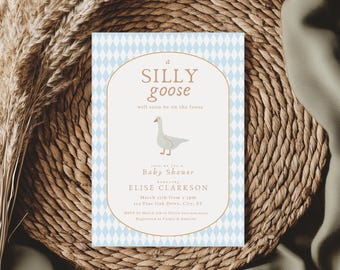 Blue Gingham Goose Baby Shower Invitation: Editable Canva Template (Digital or Print Evite A13)