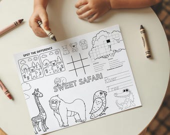 Safari Coloring Placemat: Jungle Animals Party Activity (Editable Printable PDF, 11x8.5")