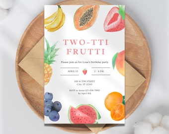 Twotti Frutti 2nd Birthday Invitation: Editable Fruit Party Invite (Digital Download) A29