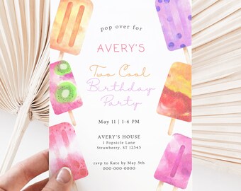 Two Cool Popsicle Birthday Invite | Watercolor Popsicle Invite | Summer Invitation | Editable Template | Girls 2nd Birthday Party