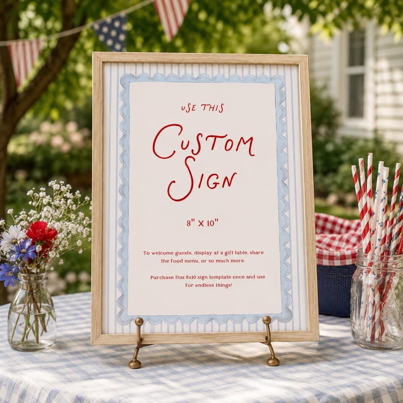 Może przedstawiać: Jasna drewniana ramka z tabliczką z jasnoniebieską falistą obw&oacute;dką i tłem w pionowe paski. Tekst brzmi: USE THIS CUSTOM SIGN 8" x 10" To welcome guests, display at a gift table, share the food menu, or so much more.