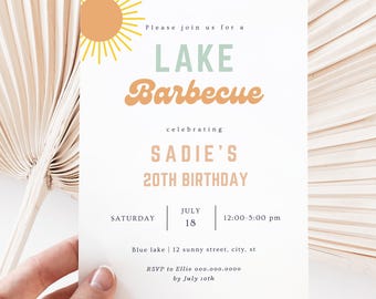 Lake BBQ Invitation Template: Retro Summer Cookout, Editable Canva Printable