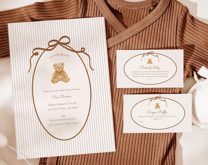 Featured listing image: Vintage Teddy Bear Baby Shower Invitation Bundle, Diaper Raffle, Books for Baby (Editable Canva Template, Instant Download) A40