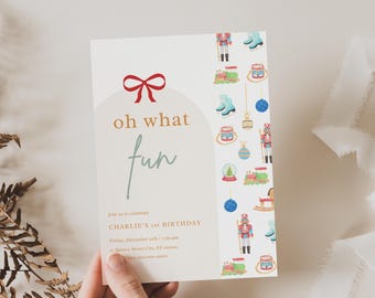 Oh What Fun To Be One Invitation, Editable Christmas Birthday Template, Nostalgic Winter Party (Digital Download)