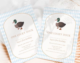One Lucky Duck Birthday Invitation, Mallard Duck, Blue Checkered Gingham (Editable Template, Digital Download)