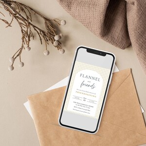 May include: A digital invitation for a Friendsgiving event with a gingham pattern background. The invitation reads "Flannel and Friends Friendsgiving Nov. 21 at The Williamson's Home 123 Any St. City, ST 12345 RSVP to Kate at 123-456-7890"