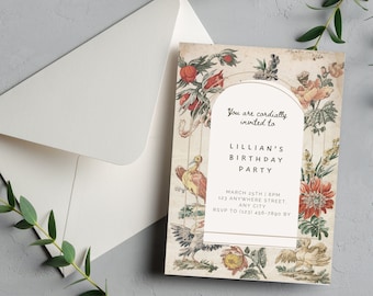 Floral Birthday Invitation Template: Editable Vintage Design (PDF) A33