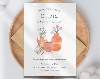 Pottery Painting Birthday Invitation | Arts and Crafts Birthday Party Invite | Instant Download | Girls Pottery Painting Party | Canva A21
