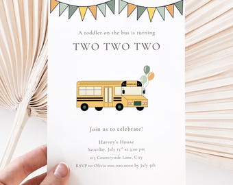 Wheels on the Bus 2nd Birthday Invitation: Toddler Bus, Editable Two Two Party Invite (Digital Download)