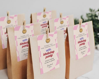Retro Smiley Birthday Favor Tags: Preppy Pink & Purple (Digital PDF) A28