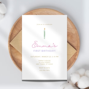 Faire-part premier anniversaire avec bougie | Thème gâteau premier anniversaire | carte personnalisée pour tout-petit ou bébé | Une petite bougie pour l'anniversaire