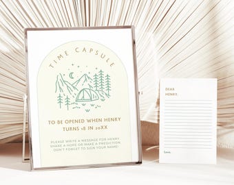 One Happy Camper First Birthday Time Capsule Sign & Card (Canva Template) a1