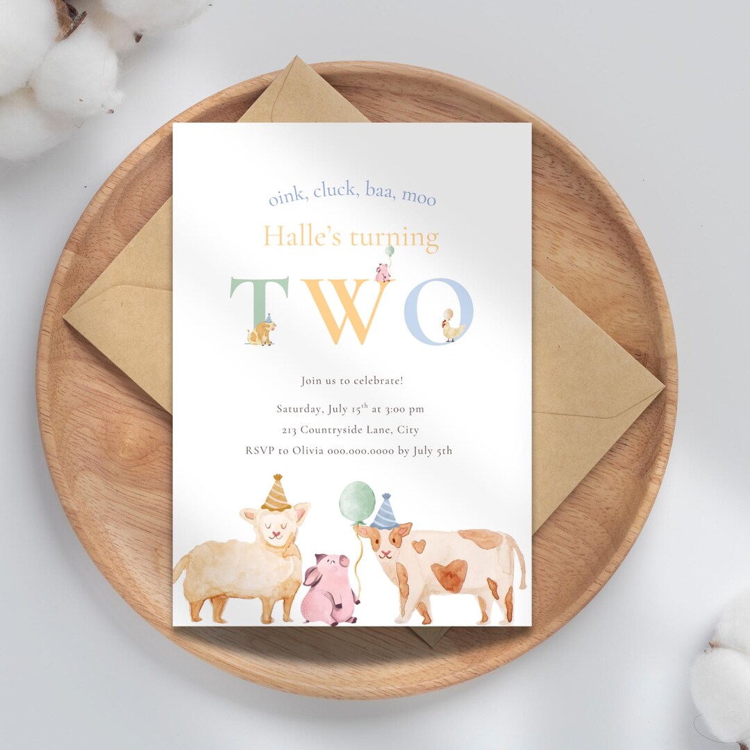 Farm Animals 2nd Birthday Invitation: Oink Cluck Baa Moo, Editable ...