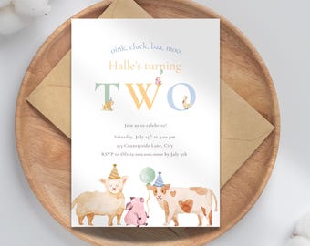 Farm Animals 2nd Birthday Invitation: Oink Cluck Baa Moo, Editable Canva Template (Digital Download)