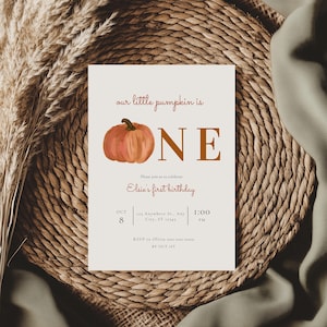 Editable Pumpkin First Birthday Invitation, Fall Autumn 1St Birthday Invites, Little Pumpkin First Birthday Invitation Template, Canva