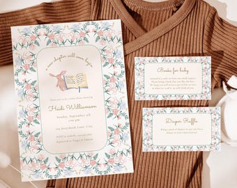 Floral Baby Shower Invitation Bundle: A New Chapter Storybook Theme, Books For Baby, Diaper Raffle (Digital Download, Editable in Canva) A22