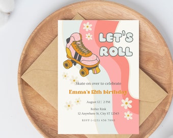 Retro Roller Skate Birthday Invitation: Let's Roll Editable Daisy Rainbow Design (Digital Download)