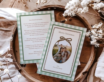 Family Christmas Card with Green Gingham Bow (Editable Template, Digital Download) A37