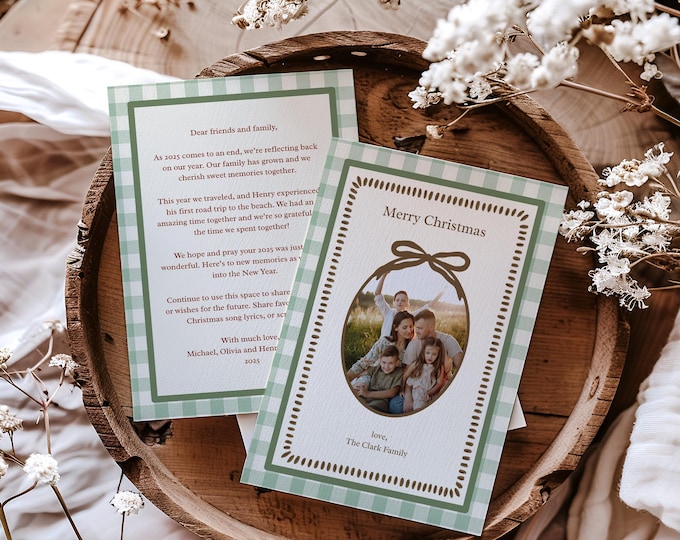 Featured listing image: Family Christmas Card with Green Gingham Bow (Editable Template, Digital Download) A37