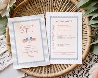 Invito e programma per addio al nubilato a tema "Rosso, Bianco e Sì", sposa americana, patriottismo per il 4 luglio (modello modificabile, download digitale)