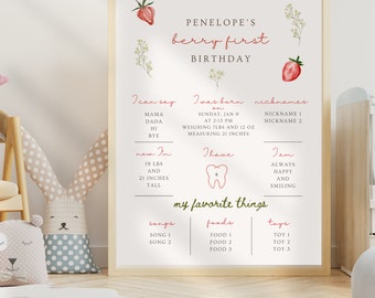 Berry First Birthday Milestone Board: Strawberry Theme, Photo Prop (Digital Download, PDF Template)