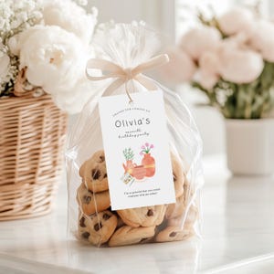 May include: A cellophane bag filled with chocolate chip cookies, tied with a beige ribbon. A white tag reads "Olivia's seventh birthday party" with a watercolor illustration of vases and plants.