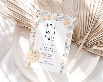 Retro 5th Birthday Invitation: Five Is A Vibe Groovy Floral Theme (Digital Text Print Invite)