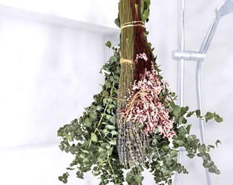 Dried-Preserved Shower Bouquet – Lavender, Eucalyptus & Sea Lavender | Natural Aromatherapy Hanging Bundle | Handmade Spa Gift for Her