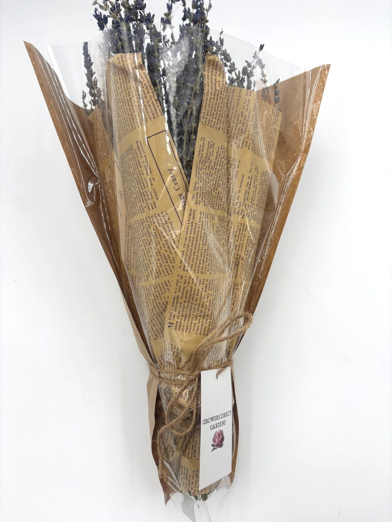May include: A bouquet of dried lavender wrapped in brown paper with a newspaper print design. The bouquet is tied with twine and has a tag that reads "Growers Direct Gardens".