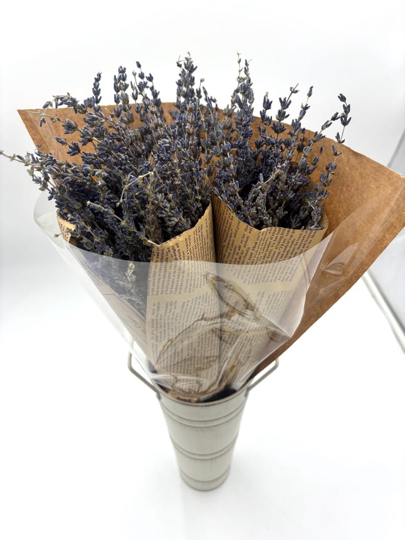 May include: A bouquet of dried lavender flowers wrapped in brown paper and tied with twine. The bouquet is in a white metal vase.