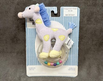 Vintage Toys R Us Oshkosh B'gosh Lavender Giraffe Plush With Rattle Ring