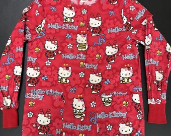 Vintage Sanrio Hello Kitty Scrub Top All Over Print Garden Long Sleeve Size XS