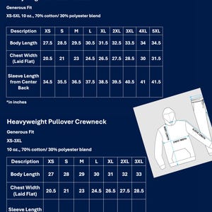 May include: A dark blue size chart for a heavyweight pullover hoodie and crewneck. It lists body length, chest width, and sleeve length in inches for sizes XS to 5XL for the hoodie and XS to 3XL for the crewneck, with a diagram showing measurements.