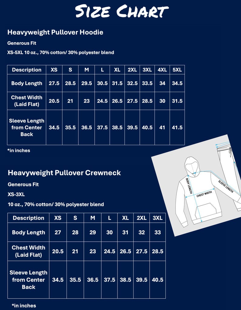 May include: A dark blue size chart for a heavyweight pullover hoodie and crewneck. It lists body length, chest width, and sleeve length in inches for sizes XS to 5XL for the hoodie and XS to 3XL for the crewneck, with a diagram showing measurements.