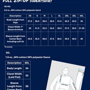 K&ouml;nnte beinhalten: Gr&ouml;&szlig;entabelle f&uuml;r einen Sweatshirt mit durchgehendem Rei&szlig;verschluss, mit Ma&szlig;en in Zoll. Die Tabelle enth&auml;lt die Gr&ouml;&szlig;en XS bis 4XL und 5XL, mit Details zu K&ouml;rperl&auml;nge, Brustweite und &Auml;rmell&auml;nge. Das Sweatshirt besteht aus einer Baumwoll- und Polyestermischung.