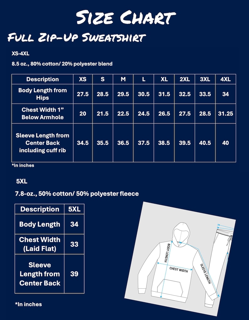 K&ouml;nnte beinhalten: Gr&ouml;&szlig;entabelle f&uuml;r einen Sweatshirt mit durchgehendem Rei&szlig;verschluss, mit Ma&szlig;en in Zoll. Die Tabelle enth&auml;lt die Gr&ouml;&szlig;en XS bis 4XL und 5XL, mit Details zu K&ouml;rperl&auml;nge, Brustweite und &Auml;rmell&auml;nge. Das Sweatshirt besteht aus einer Baumwoll- und Polyestermischung.