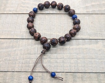 Hand knotted Meditation Bracelet, "Tenacity" Lapis Lazuli and Palm wood Wrist Mala, Yoga Jewelry