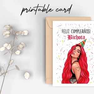 Karol G Tarjeta de cumpleaños imprimible Feliz Cumpleanos La Bitchota Holidays 5x7 PDF PNG Tarjeta Karol G Red Hair Regalos 21 cumpleaños Tarjetas de felicitación