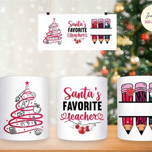 Diseños de sublimación de taza de café con nombre de maestro de Navidad, envoltura de taza de 11/15 oz PNG, regalos personalizados para maestros, descarga digital de rellenos de medias