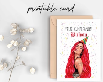 Tarjeta de cumpleaños de Karol G: Feliz Cumpleanos La Bitchota (PDF y PNG)